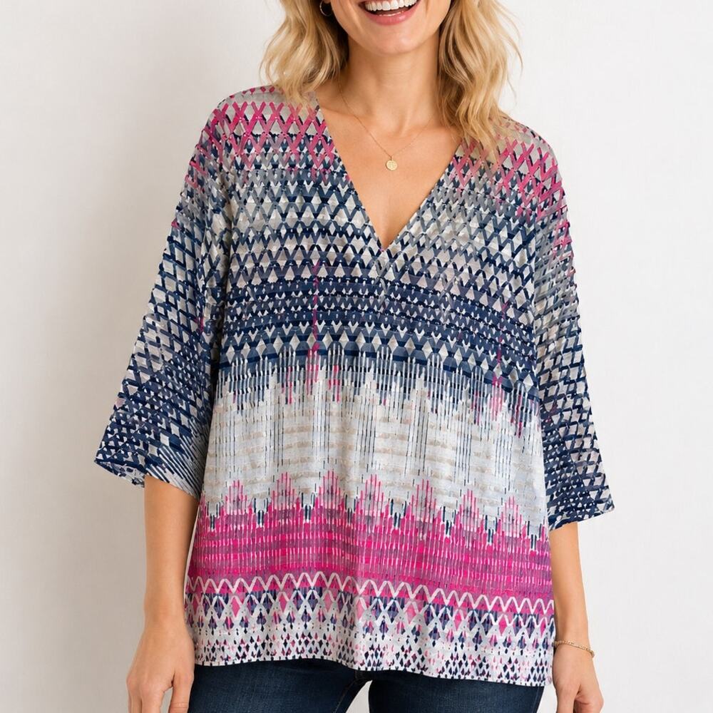 Whimsy Rose Abstract Top Womens Small Pink Blue White Textured V-Neck Sundance